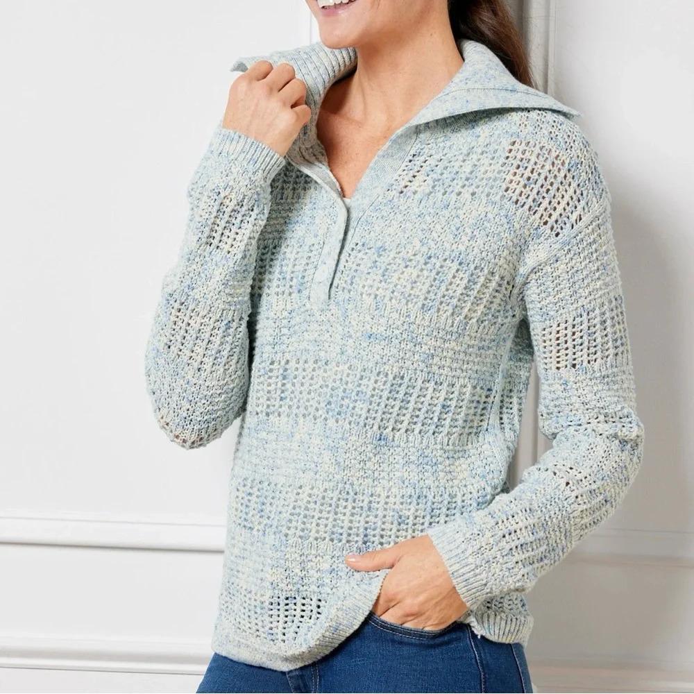 Talbots Open Stitch Sailor Collar Sweater Cotton Beachy Coastal Grandma Medium